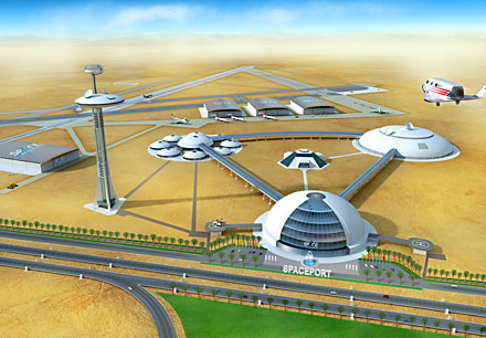 The futuristic drawing shows a transport line in tunnels in the foreground beside a multi-level domed building. The building is connected by surface tunnels to another lower building on the right, smaller dome directly behind and a cluster of small domes around a larger one on the left. A tall narrow tower with a wide disc near the top also connects on the left. A group of three flat buildings is in the background, with another larger one to the left.  An aircraft approaches from the right.