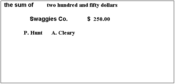 Text Box: Bank of VET
Education St, Sydney
                                                                                                Date:  23/5/03
Pay      Furry Fabrics Ltd             or bearer
 
the sum of         two hundred and fifty dollars
 
                 Swaggies Co.             $  250.00
 
             P. Hunt      A. Cleary
 
             
0039    5647   1009    3476
